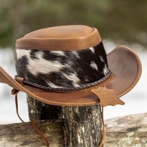 AVU LE VU REAL LEATHER AND COWHIDE FUR BROWN NEW HANDCRAFTED COWBOY HAT L